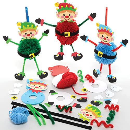 Baker Ross FE965 Kerst Elfje Pom Pom Kits - Set van 3, Kerst Ambachten, Pom Pom Decoraties voor kinderen om te maken, te versieren en te tonen, Creatieve activiteiten voor kinderen