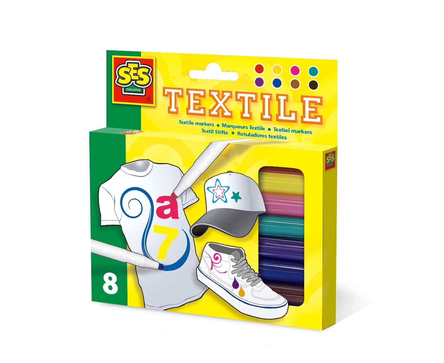 SES - Textielstiften - 8 stuks - Meerkleurig - Kogelpunt - 3+ jaar