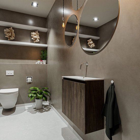 MONDIAZ TURE Fonteinset - 60x23x50cm - Dark Brown Mat - 2 Deuren - Solid Surface Wit