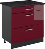 Vicco Keukenonderkast R-Line, Rode hoogglans/Antraciet, 80 cm met 3 laden antraciet werkblad
