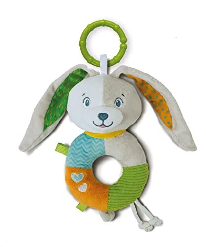 Clementoni - Lovely Bunny Soft rotan zacht pluche, babyspel 0+, rammelring, versterkt de motorische en sensorische vaardigheden, 100% machinewasbaar, meerkleurig, middelgroot, 17682