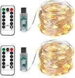 BXROIU Set van 2 Lichtjeskettingen - 100 LEDs per stuk, 10 meter zilverdraad, USB-aansluiting, met afstandsbediening, 8 programma's, timer en dimfunctie(warm white)