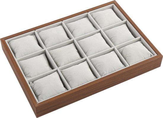 Fliex Sieradendoos - Luxe - Donkerbruin Hout - Lichtgrijs Velours - 12 Vakken
