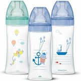 Dodie Jongens Set van 3 anti-koliek-flesjes Sensation plus, jongens, 330 ml, 6 maanden, platte speen, debiet 3, pastelblauw, 3 stuks
