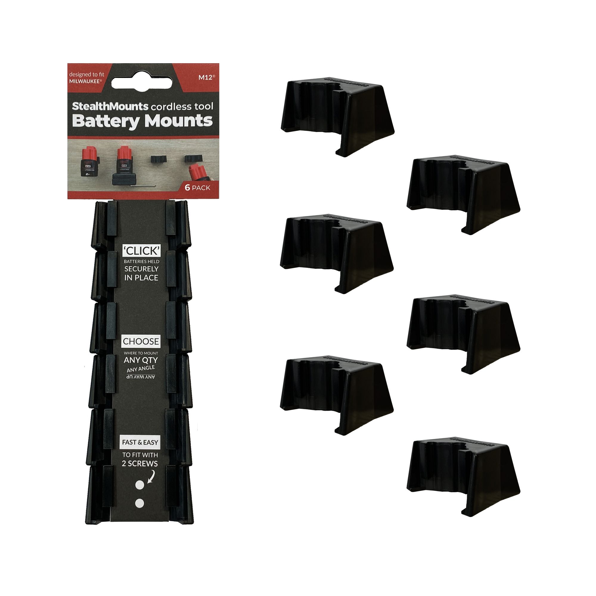 StealthMounts BM-MW12-BLK-6-BLK Accuhouder Voor Milwaukee M12 - Zwart - 6-pack