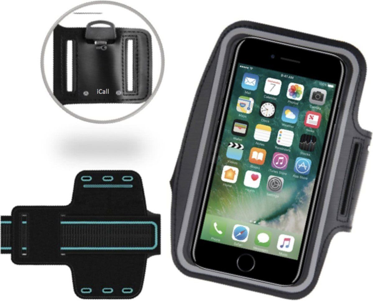 iCall Sportarmband / Hardloop Universeel Spatwaterdicht Hoesje â€“ Zwart Sportband â€“ voor Apple iPhone 8 / 7 / 6/6s / 5/5C/5SE en Samsung Galaxy J1 2016 - Hardloop 4.7 inch Sport Armband Met Sleutelhouder Samsung Huawei LG HTC Sony