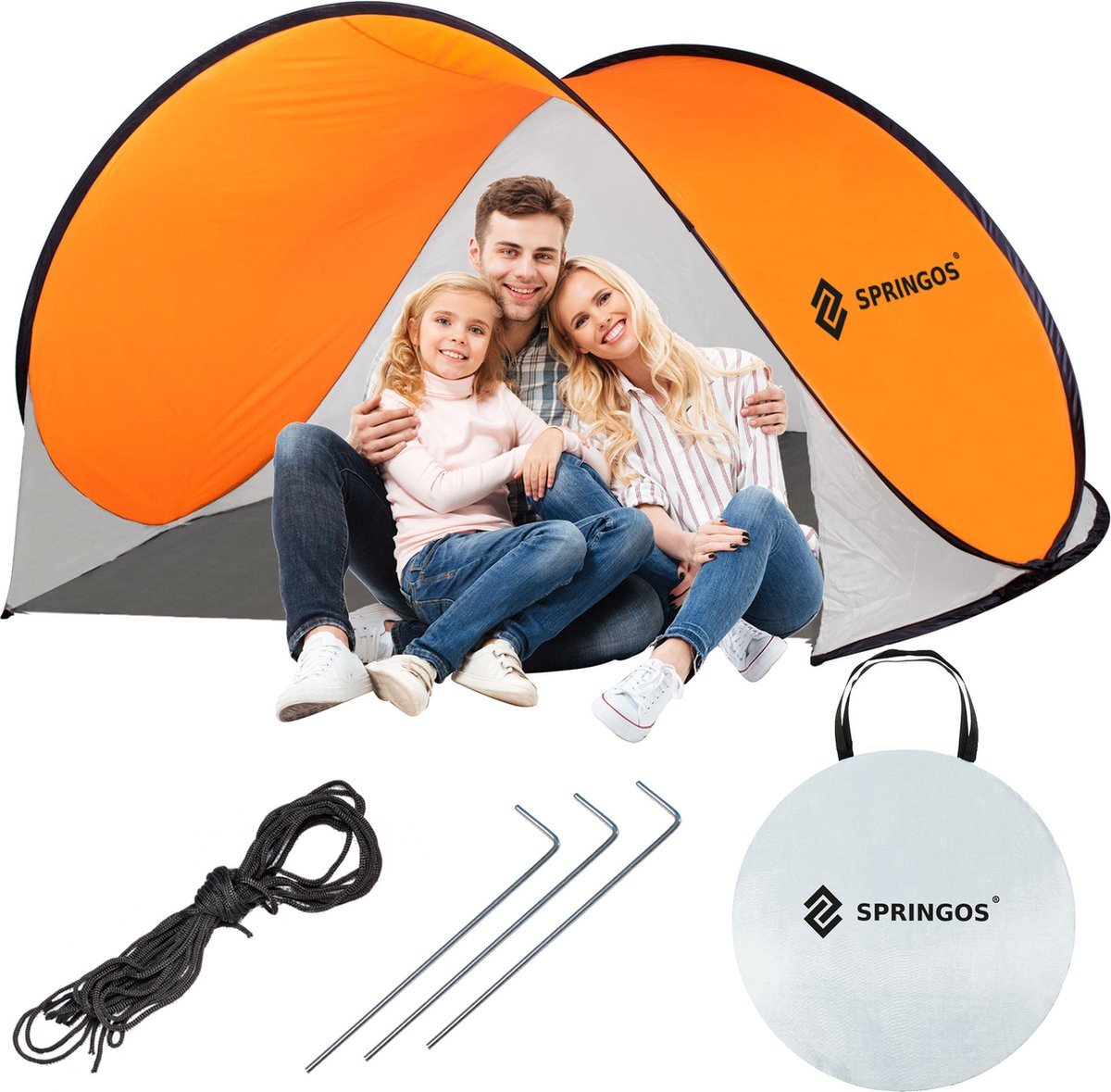 springos Strandtent | Pop-Up Strandtent | UV Filter | Inclusief Draagtas | 200 x 120 x 110 cm | Wit/Oranje