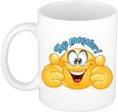 Bellatio Decorations Cadeau koffie/thee mok - duim omhoog smiley - top meester - blauw - 300 ml - keramiek