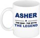 Bellatio Decorations Asher cadeau mok - man myth legend - naam koffiemok / beker - wit en blauw - 300 ml - verjaardag
