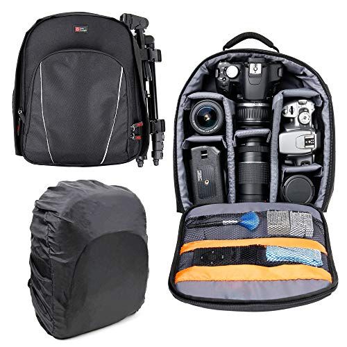 DURAGADGET Black Rugzak w/Verstelbare Gecapitonneerde Interieur & Regenhoes - Geschikt voor gebruik met Canon XC10 Camcorder