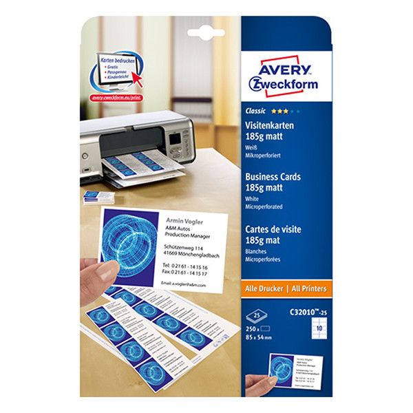 Avery C32010-25 Visitekaartjes, microgeperforeerd, 185 g/m2, voor inkjet/monochroom laserprinter/kopieerapparaat 85 x 54 mm, 250 stuks