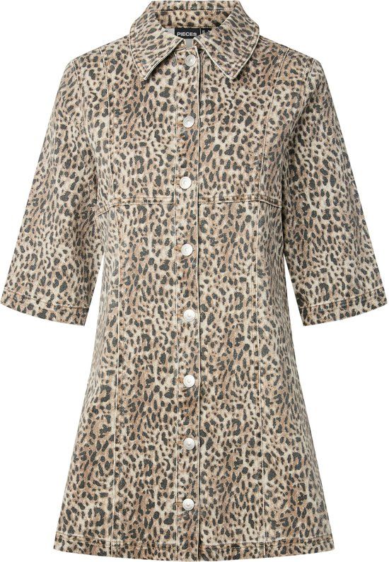 PIECES Curve PIECES - PCSALUME 3/4 DENIM DRESS QX - Meisjes - Mini jurken - Maat 54 - Katoen/Elastaan - Lente/Zomer 2026 - Jurk - Kinderen - Bruin - Print - Houtje-touwtje sluiting