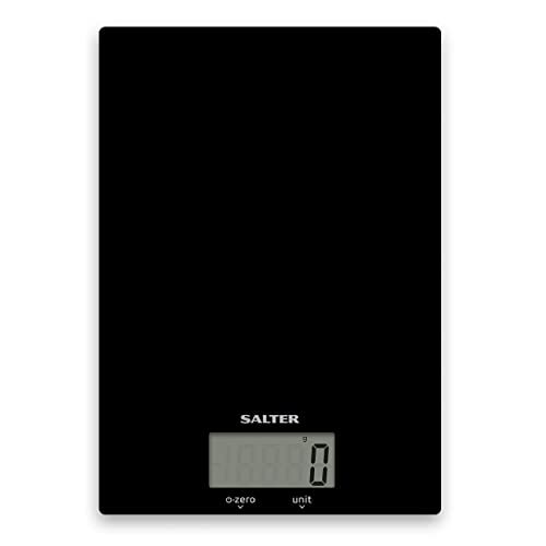 Salter 1170 BKDR Premium Glass Electronic Kitchen Scale, 5 kg Max Capacity, Add & Weigh, LCD Display, Easy Clean Glass, Slim Design, Measures Liquids/Fluids, Kitchen Home Cooking/Baking, Black