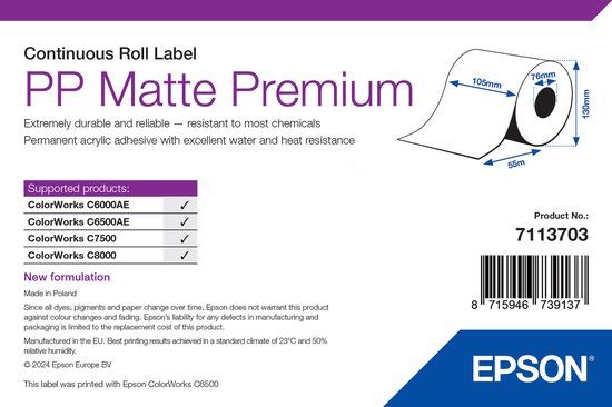 Epson 7113703, Zelfklevend printerlabel, Wit, 105 mm breed