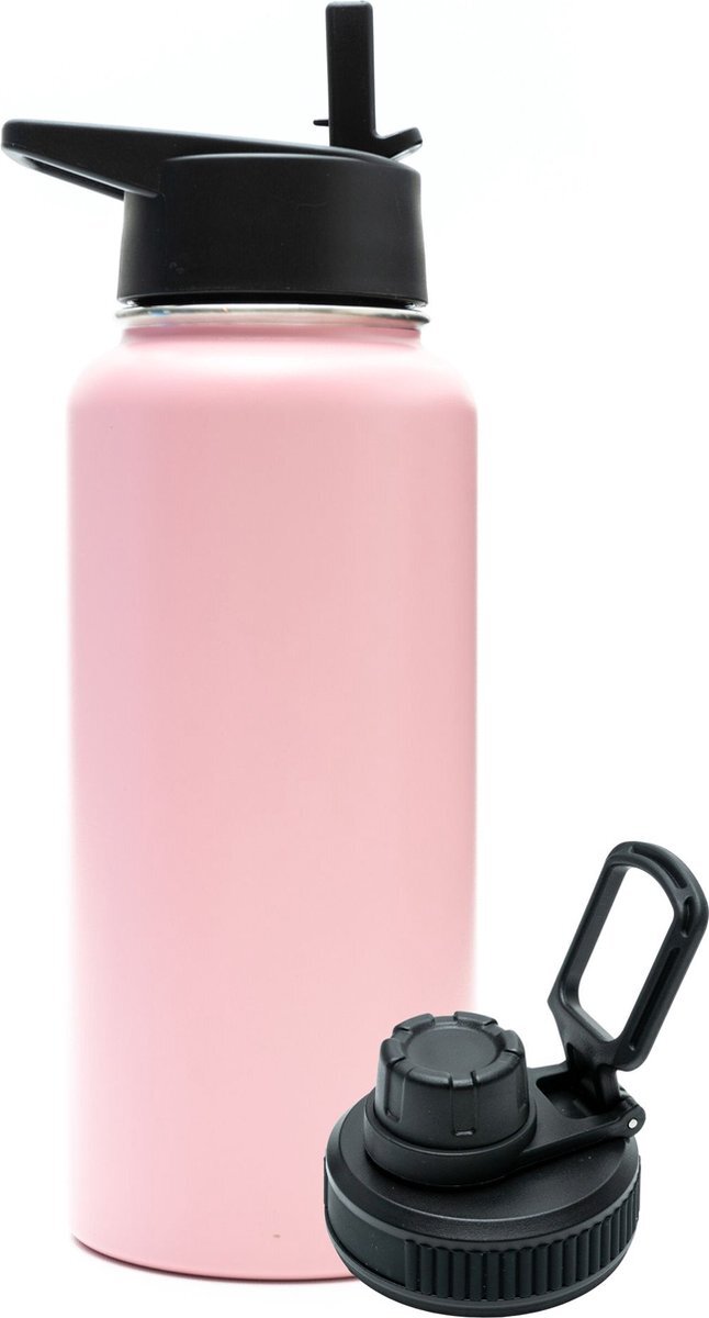Quality Needz Bidon - Pastel Pink - 1 Liter - Extra Dop Met Rietje & Drinktuit - Bidon Met Rietje - Isoleerfles - BPA vrij - Lekvrij