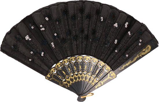 Zwarte Spaanse waaier met pailletten - Faram Party - Carnaval - Zwart - Polyester - Vrouwen - Volwassenen
