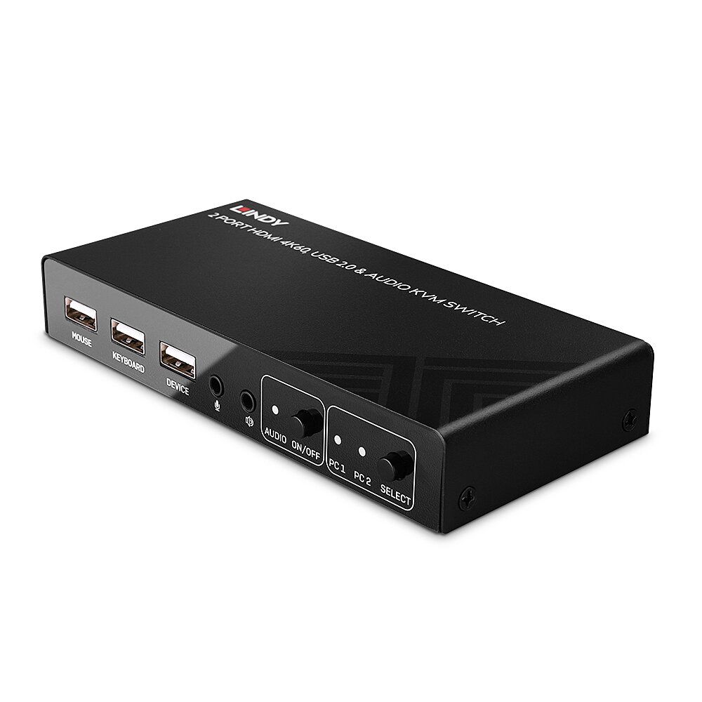 Lindy 32809 KVM Switch - HDMI 2.0, 4K, USB, Audio - 2 Port - Black