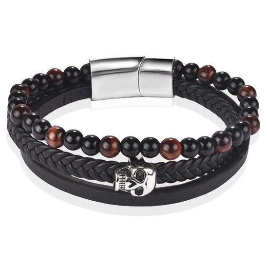 Memphis Heren armband Memphis Tijgeroog Skull Gevlochten Leer Zwart Bruin-18.5cm