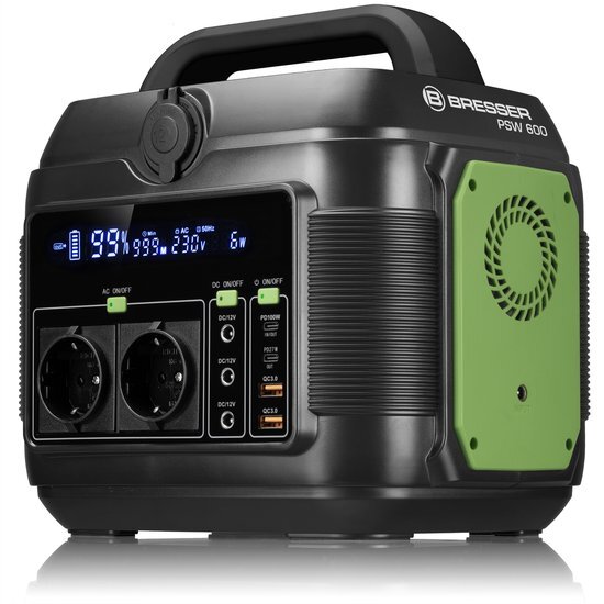 Bresser Draagbare Powerstation Stroomvoorziening 600 Watt Zonne-Energie Generator (Zonnepaneel optioneel) voor Reizen, Outdoor, Party, Camping, Noodgevallen Back-Up met AC en DC-aansluitingen, 230V