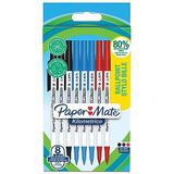 Paper Mate Kilometrico-balpennen | Lange schrijfduur met mediumpunt (1,0mm) | Zwarte, blauwe & rode inkt | 80% gerecycled plastic | 8 stuks