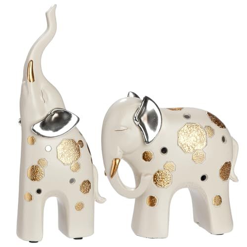 GILDE Set van 2 Midas olifanten van kunsthars - crème - gestructureerd - 32cm x 24cm