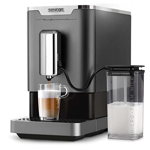 SENCOR Espressomachine voor auto, melkopschuimer, Silver Edition, 19 bar, compact, maalwerk voor koffiebonen, espressokoker, cappuccino, Barista Express, thermoblok, gepatenteerd douchesysteem