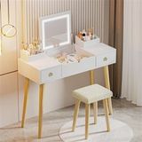 BIGZZIA Kaptafel, wit, met 3-kleurige verstelbare intrekbare LED-spiegel, 2 laden, 2 opbergboxen, Moderne stijl