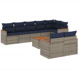 vidaXL 9-delige tuinbankset met kussens, grijs, polyrotan