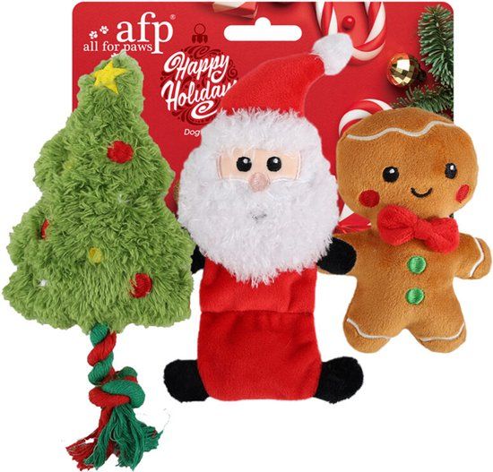 All For Paws AFP Happy Holidays HoHoHo Pluche Kat Knuffel Bruin Groen Rood Wit 3 Stuks