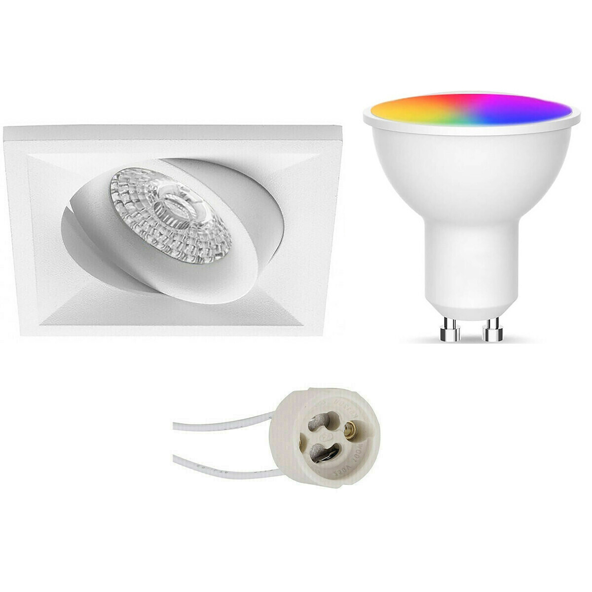 BES LED Voordeelset LED Spot Set GU10 - Facto - Smart LED - Wifi LED - Slimme LED - 5W - RGB+CCT - Aanpasbare Kleur - Dimbaar - Afstandsbediening - Pragmi Qiundo Pro - Inbouw Vierkant - Mat Wit - Kantelbaar - 80mm