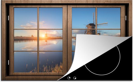 KitchenYeah® Inductie beschermer 77x51 cm - Doorkijk - Molen - Zonsondergang - Inductie kookplaat accessoire
