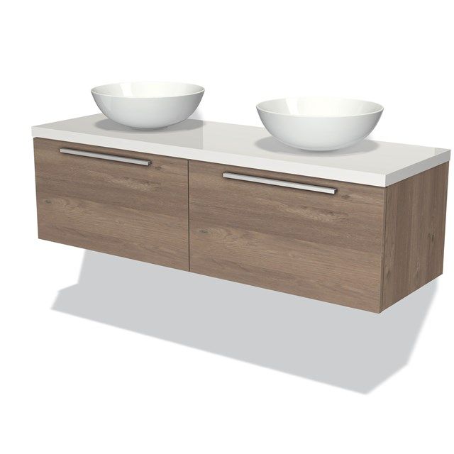 Maxaro Badkamermeubel 140cm Modulo Plato Middenbruin Eiken 2 Lades Vlak Hoogglans Wit Blad