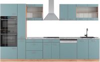 Vicco R-Line Keuken – 350 cm met hoge kast, WB Marmer Blauw-grijs/gouden eik