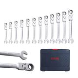CCLIFE 12-delige scharnierratelsleutelset, ringratelsleutel vorksleutel 8-19 mm, Cr-V 72 tanden, gereedschapsset voor autoreparatie, 180° flexibel, incl. kunststof doos