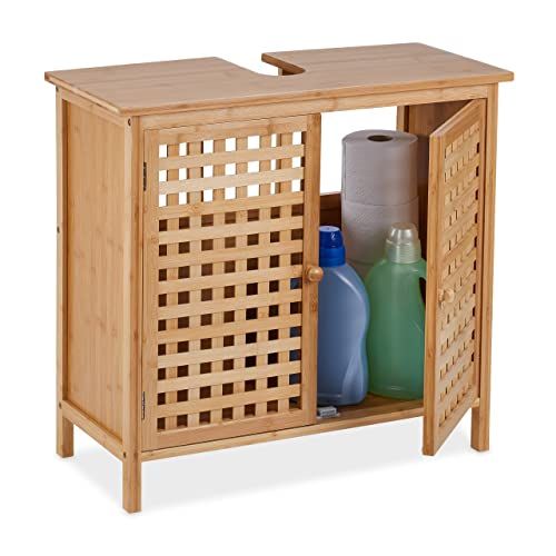 Relaxdays wastafelonderkast - 61 x 66 x 30 cm - 1 vak - bamboe & MDF - naturel