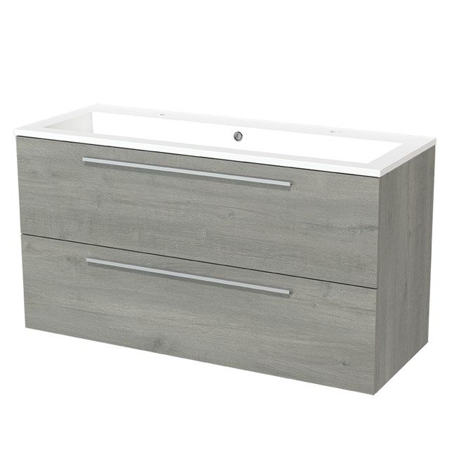 Maxaro Badkamermeubel 120cm Modulo Grijs Eiken 2 lades Vlak Wastafel Mineraalmarmer