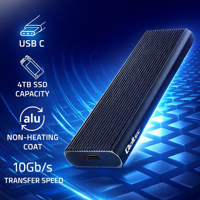 Qoltec Aluminium Behuizing | M.2 SSD-zakje | NVMe | PCIe | USB-A | USB-C 3.1 Gen. 2 | Supersnelheid 10 Gb/s | 4TB | Grafiet