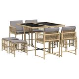 vidaXL Ensemble de jardin 9 pièces avec coussins, polyrotin, beige mélangé