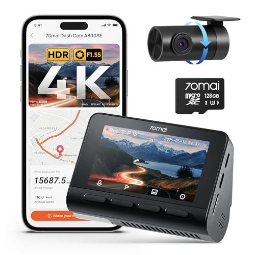70mai A800SE Dashcam voor de auto, voor en achter, 4K HDR 2160P + 1080P met 128 GB SD-kaart