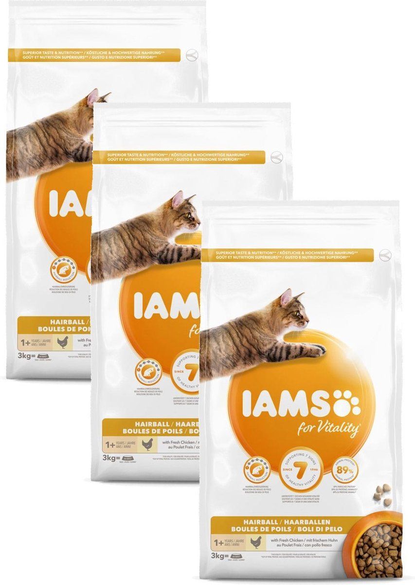 Iams 3x Kat Adult Hairball Control Kip 3 kg