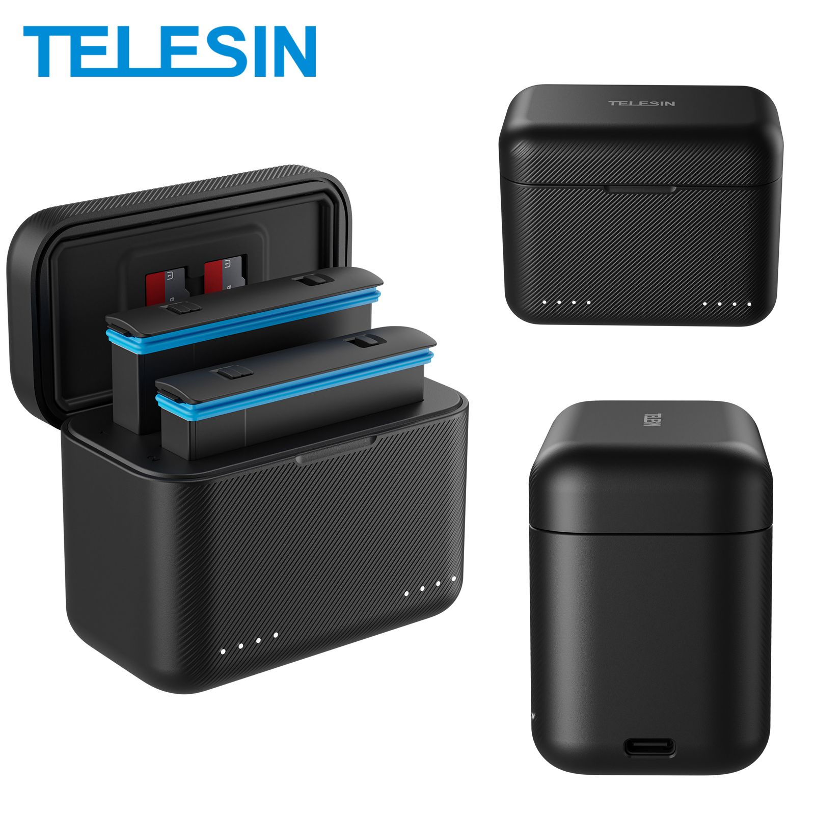 Telesin - Insta360 X3/X4 Acculader - Draagbare Oplaadcase - TF Kaart - Oplaaddoos - Oplaadhub - Type-C - Dual