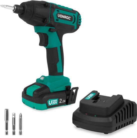 VONROC Accu Slagschroevendraaier 20V – 180Nm – Opname: 6,35 mm ¼” - Incl. Schroefbits, mag-netische bithouder en dophouder - Incl. 2.0Ah Accu en Snellader