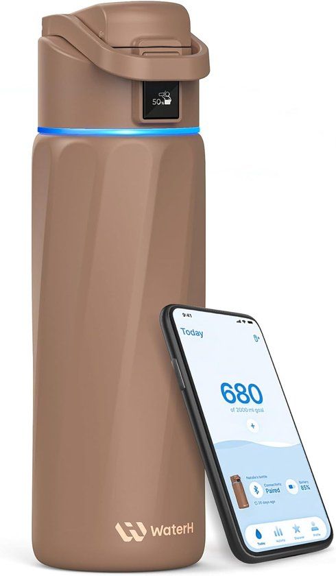 WaterH BOOST - Slimme Waterfles met Herinnering om Water te Drinken & Water Tracker Fles - Dubbelwandige stalen drinkfles - Wijde opening - 710ml - Chocolate Mousse