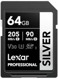 Lexar 64GB SD-kaart ZILVER, tot 205MB/s lezen, 90MB/s schrijven, SDXC UHS-i geheugenkaart, klasse 10, U3, V30