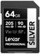 Lexar 64GB SD-kaart ZILVER, tot 205MB/s lezen, 90MB/s schrijven, SDXC UHS-i geheugenkaart, klasse 10, U3, V30