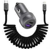 Buddi Power USB - C Autolader & USB - A + C Poort met USB-C naar Lightning Krulsnoer Kabel | Snelladen 89W | Compact formaat | Telefoon oplader voor in de auto | Geschikt voor sigarettenaansteker