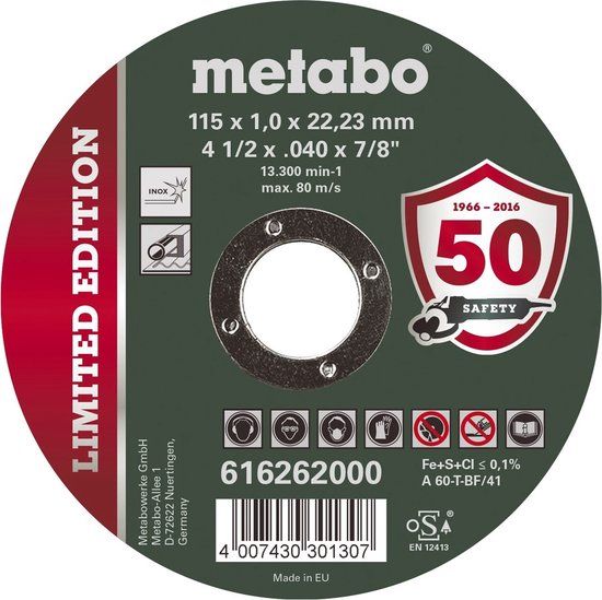 Metabo Doorslijpschijf Ø 115x1,0x22,23 Inox Limited Edition - 100 stuks