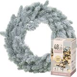 Merkloos Kerstkrans groen met sneeuw - 46 cm diameter - verlichting warm wit - 48 lampjes - 4 meter snoer