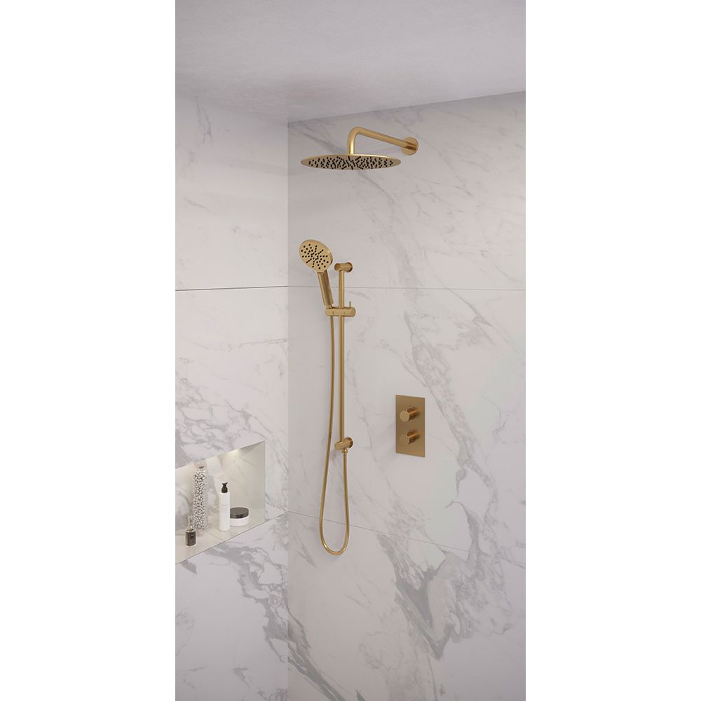 Brauer Gold Edition regendoucheset glijstang, gebogen muurbuis en ronde handdouche 3-weg Ø30cm goud