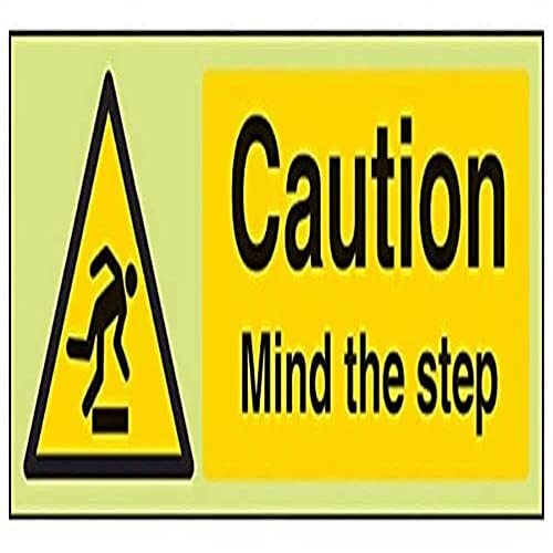 V Safety VSafety Glow In The Dark Caution Mind The Step Warning Sign - 300mm x 100mm - Rigid Plastic
